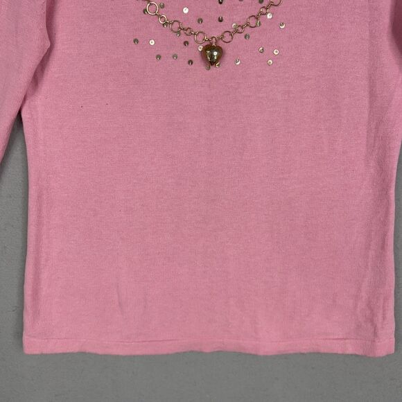 Jack B Quick Sweater Womens Medium Pink Gold Heart Charm Sequin Valentine Girly - Picture 3 of 15